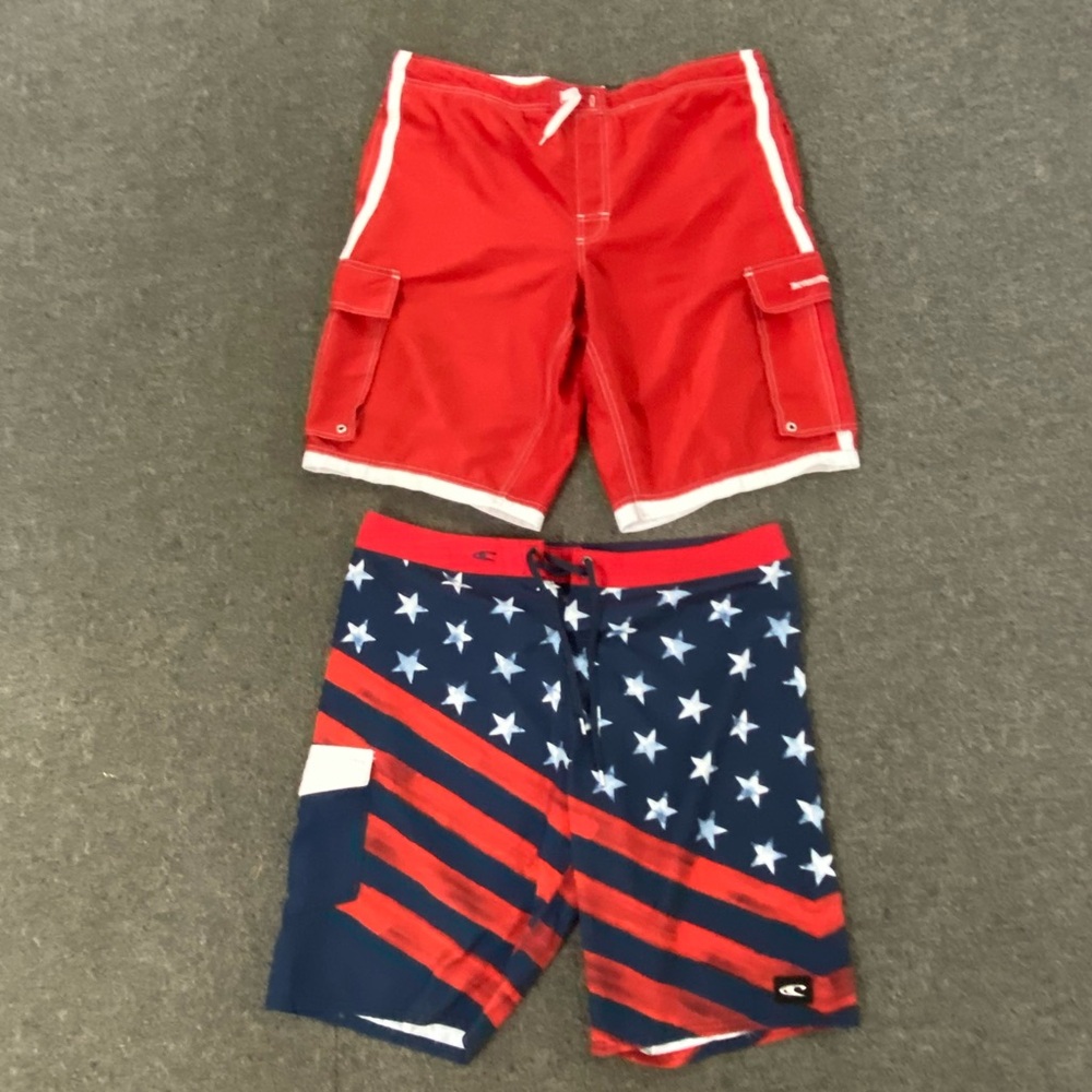 * Men's Red Cargo Shorts and Star-Spangled Blue Swim Trunks